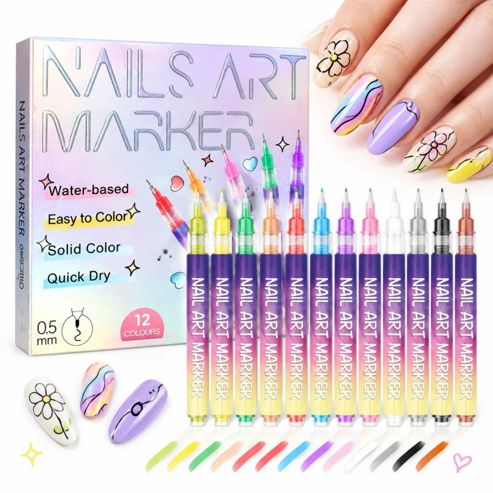 Nail Art Pen Kit 12 Colors 0.5mm Ultra Fine Liner Acrylic Nail Polish Set Fast Drying Manicure Drawing Painting DIY Home Use Kit