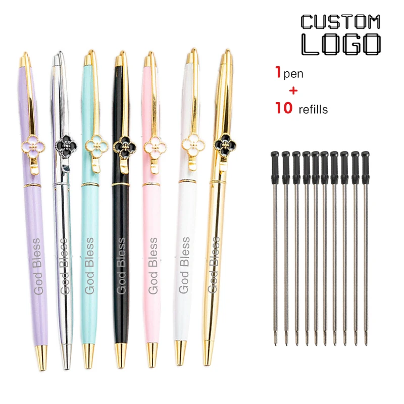 1Pen+10Refills Four Leaf Clover Flower Metal Ballpoint Pens Customized Personalized Logo Birthday Party Gift Student Stationery