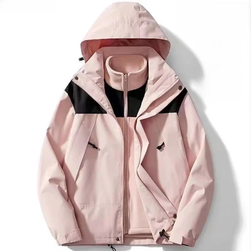 Trendy Outdoor Waterproof Breathable Two-in-One Color Block Men's Jacket Coat Autumn Winter Warm Removable Zipper Couples