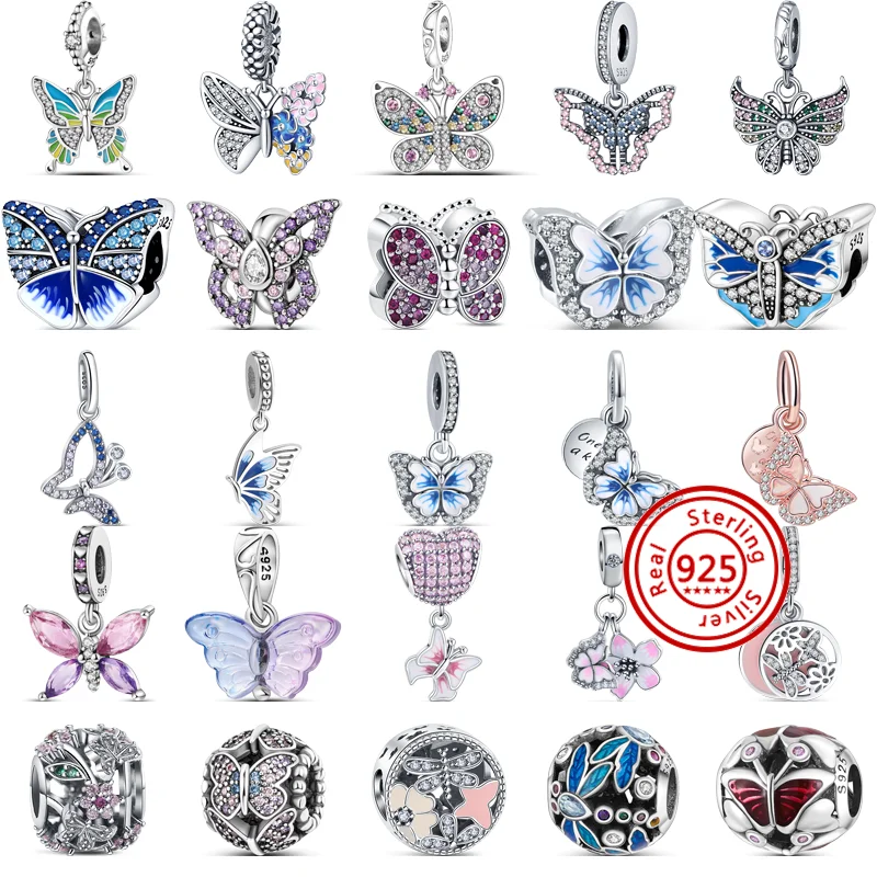 

100% 925 Sterling Silver Colorful Zircon Shiny Butterfly Dragonfly Pendant Beads Fit Original Pandora Charm Bracelet DIY Jewelry