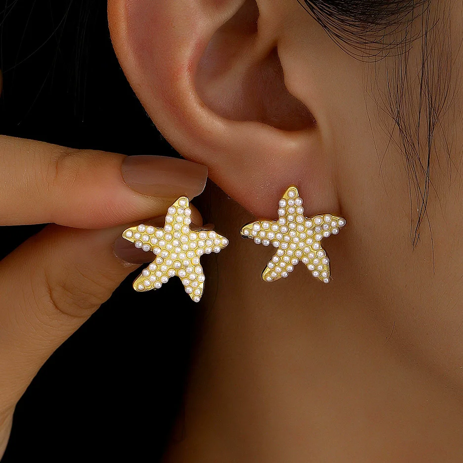 Trendy Starfish Shape Stud Earrings for Women Full of Mini Imitation Pearl Earrings Party Girls Sweet Elegant Jewelry