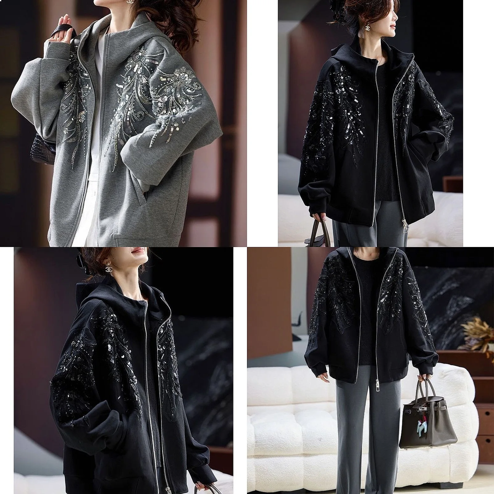 

Fashion Nail Bead Hooded Jacket For Women's Spring And Autumn Loose Top 2025 New Casual Women's Clothing