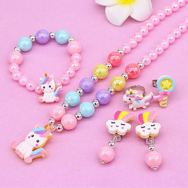 2/6Pcs Children\'s Bead Necklace Set Unicorn Rainbow Pendant Necklace Bracelet Ear Clip Girl Jewelry Accessories Children\'s Gifts