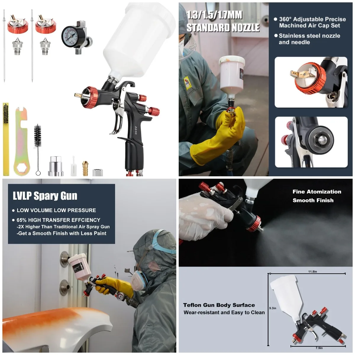 

R500 LVLP Air Spray Gun with 1.3/1.5/1.7mm Nozzles & Air Regulator, Paint Gun for Car, House, Furniture
