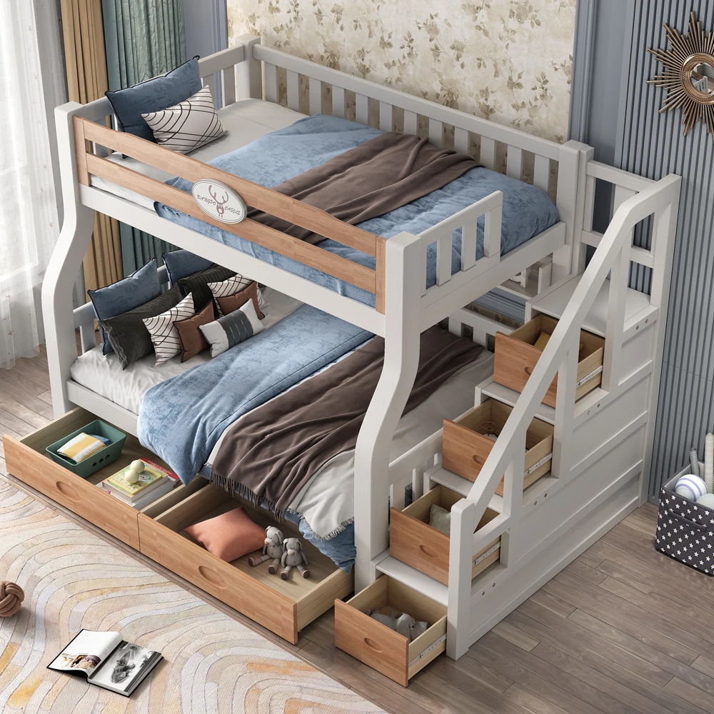 Meubles de chambre à coucher bon marché pour enfants, lit de dessin animé en bois massif, lit superposé pour enfants, rangement d'escalier, table d'étude avec glissière