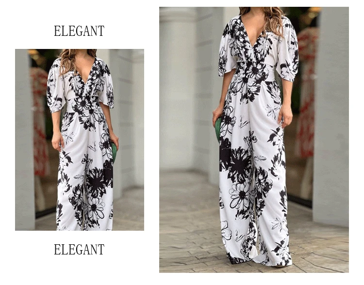 Summer New Printed Jumpsuits Women Temperament Elegant Ladies V-neck Backless Leace-up Bat Sleeve High Waist Wide Leg Jumpsuit