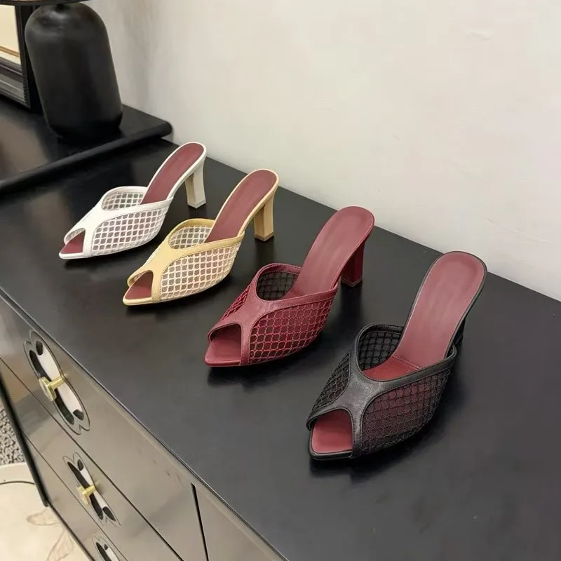 Women Fishnet Mesh Peep Toe Mules Sandals Elegant Block High Heel Slip On Slippers Summer Party Dress Shoes Zapatos Mujer