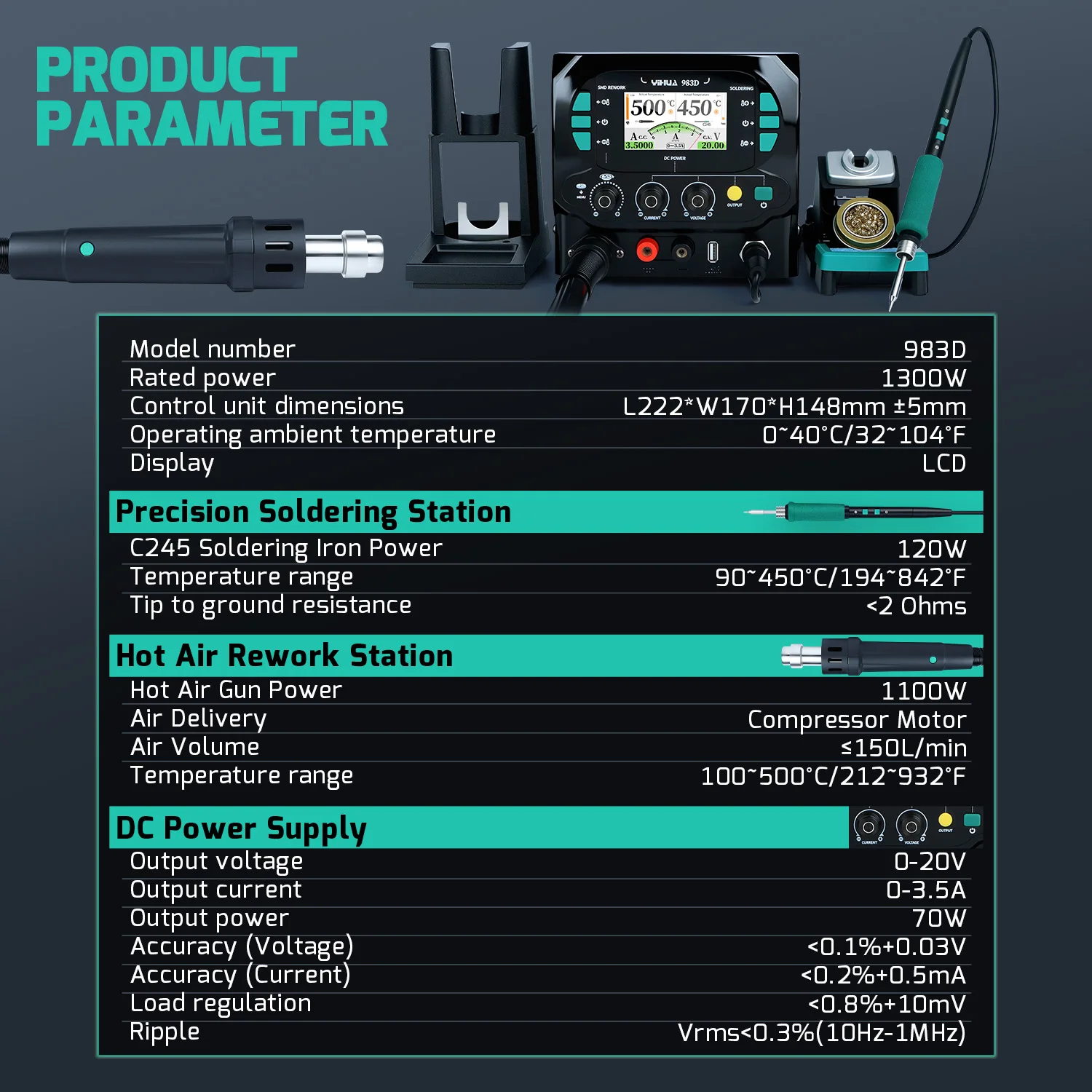 1300 W Entlötstation 3-IN-1 Heißluftpistole 210 245 Lötkolben DC Netzteil Schweißen Reparatur Ausrüstung YIHUA 983D