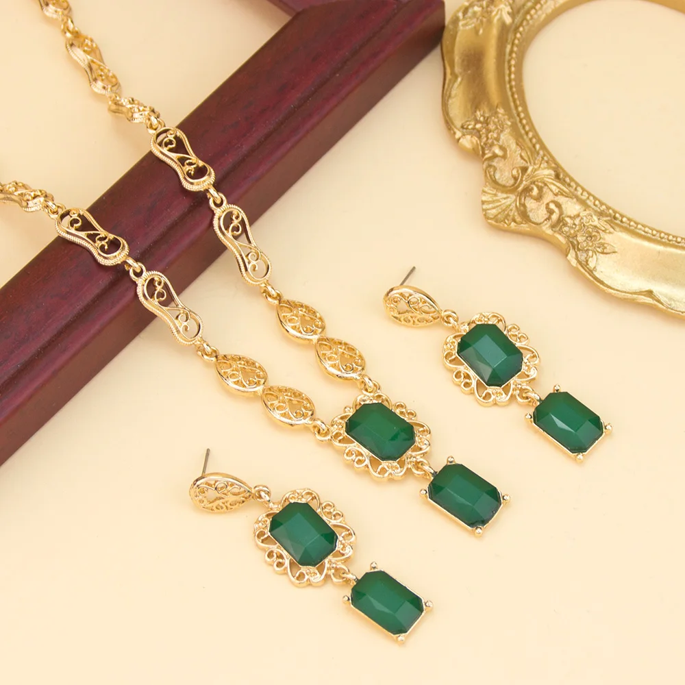 Marokko Stil Halskette Ohrring Set Für Frauen Luxus Arabisch Rot Grün Kristall Quadrat Anhänger Hals Chian Braut Schmuck – Detail 10