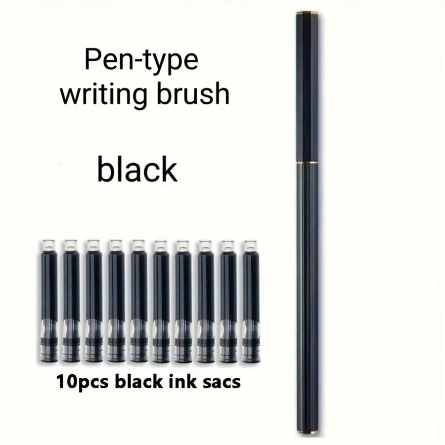 1 Metal Pen-Style Brush + 10 Black Ink Cartridges, Suitable for Students to Practice Calligraphy Brush Writing