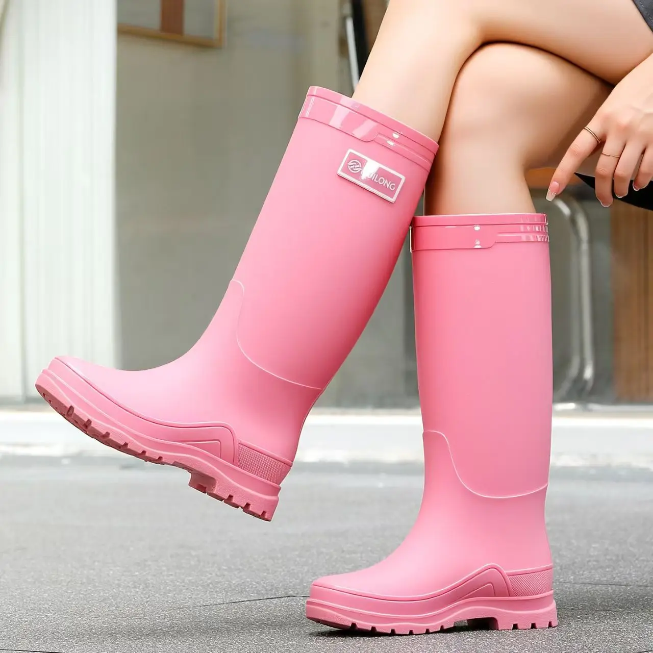 Women Low Heel Knee High Rain Boots Spring Autumn New Round Toe Slip On Waterproof Work Shoes Garden Shoes Wash The Car Shoes