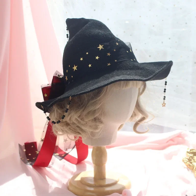 Lolita Halloween Retro Witch Hat Masquerade Rose Big Bow Wizard Hat Gothic Magical Girl Hat accessori Cosplay decorazioni per feste