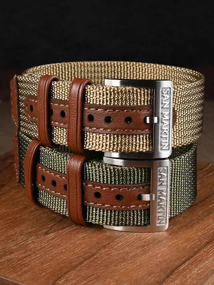 San Martin High Density Premium Nylon Watchband For Watch With 20mm Lug Width Solid Steel Pin Buckle Retro Leather Loops SN0105