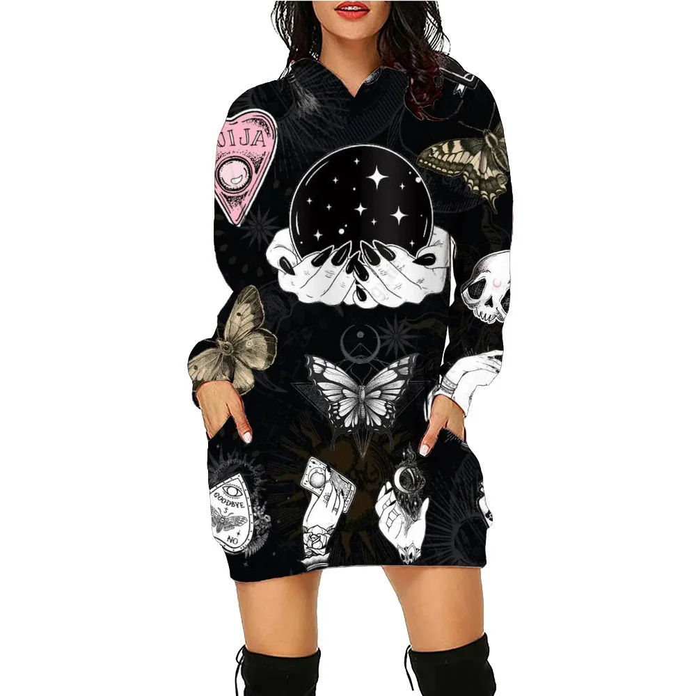 Halloween Colorflu Skull Printed Hoodie Dress Women's Daily Workout Hoodies Long Sleeve Pullover Autumn Winter Loose Tee Vestido