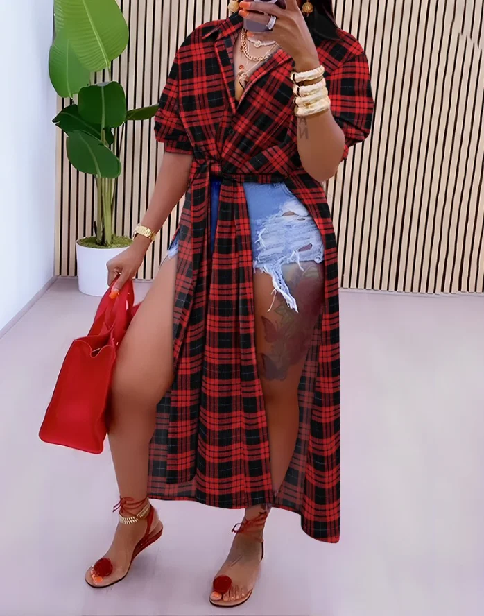 

Woman Blouse 2024 Spring Fashion Plaid Print High Slit Tied Detail Turn-Down Collar Long Sleeve Casual Button Longline Shirt Top