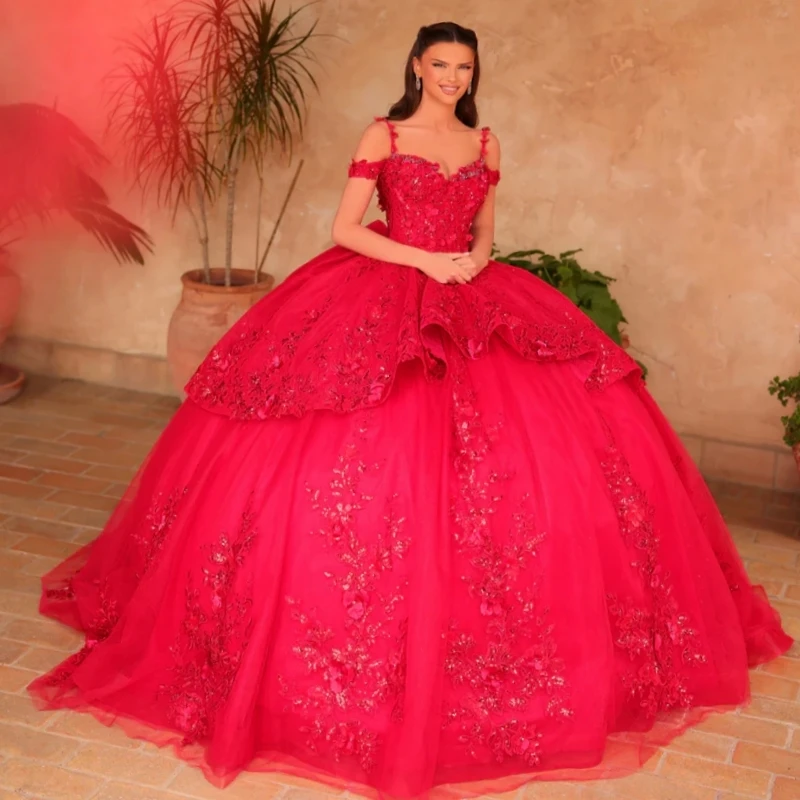 빨간색 반짝이는 킨세아녜라 드레스, 오프숄더 아플리케 레이스 비즈 튤 코르셋 파티 생일 스위트 16 드레스