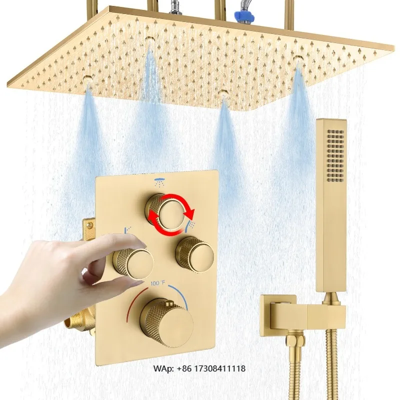Brass Brass Shower System - 16-inch Ceiling Rainfall and 6-inch Wall Mount Shower Head with Hand Spray Luxury Bathroom Kit