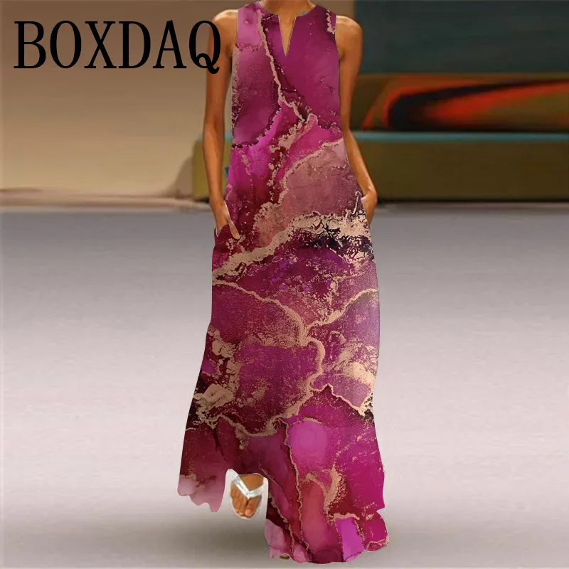 Women\'s Retro Peacock 3D Print Long Dress Casual V-Neck Loose Sexy Sleeveless Pocket Dress Summer Maxi Dress Robe Femme Sundress