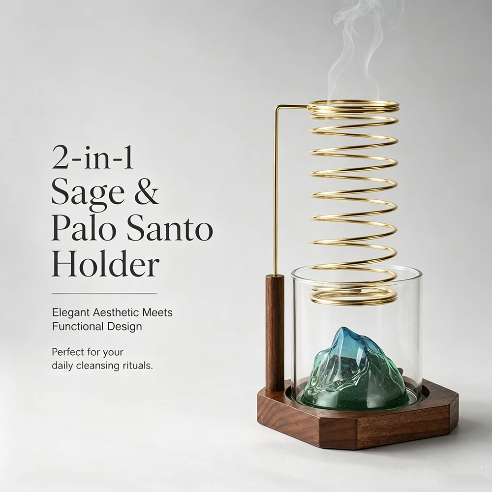 Brûleur à herbes aromatiques en métal, porte-Palo Santo avec plateau en verre pour la cendre, porte-encens pour la méditation, le yoga et le spa