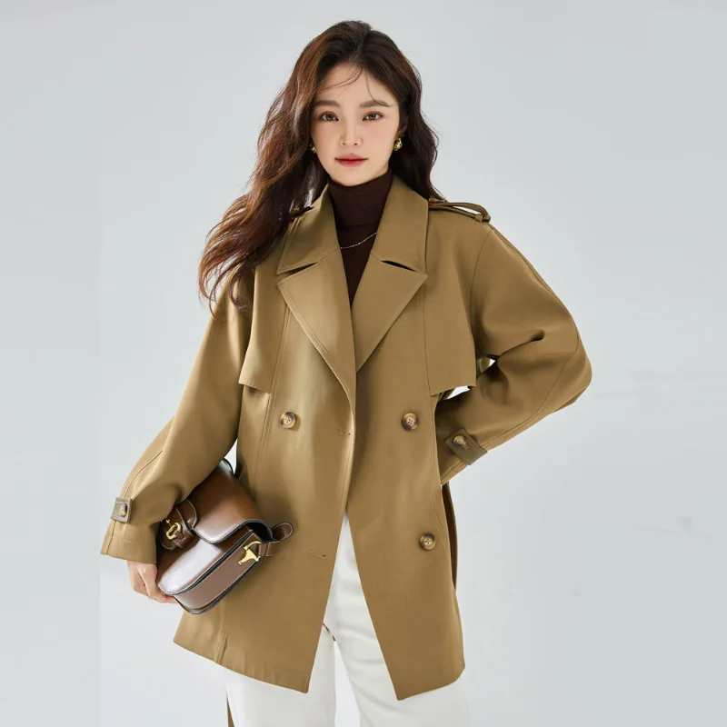 

2023 Autumn Glossy Coats Casual Trench Women Commuting Loose Straight Large Lapel Leather Elegant Short Windbreaker Solid Belt