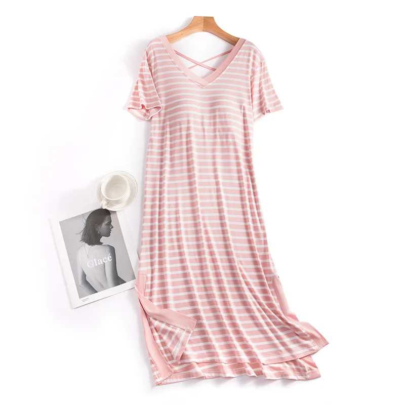 Striped Summer Sleeping Dress For Women New Short Sleeve Nightwear Dresses Ladies Nightgowns Chest Pad Sleepwear Nightshirt