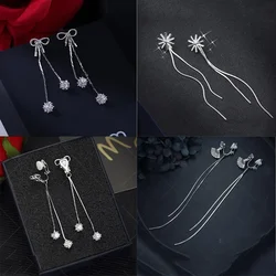 GRACE JUN AAA CZ Bow-knot Fan Heart Long Clip on Earrings Fashion Bridal Weddings Drop Tassel Earrings Jewelry No Hole Earrings