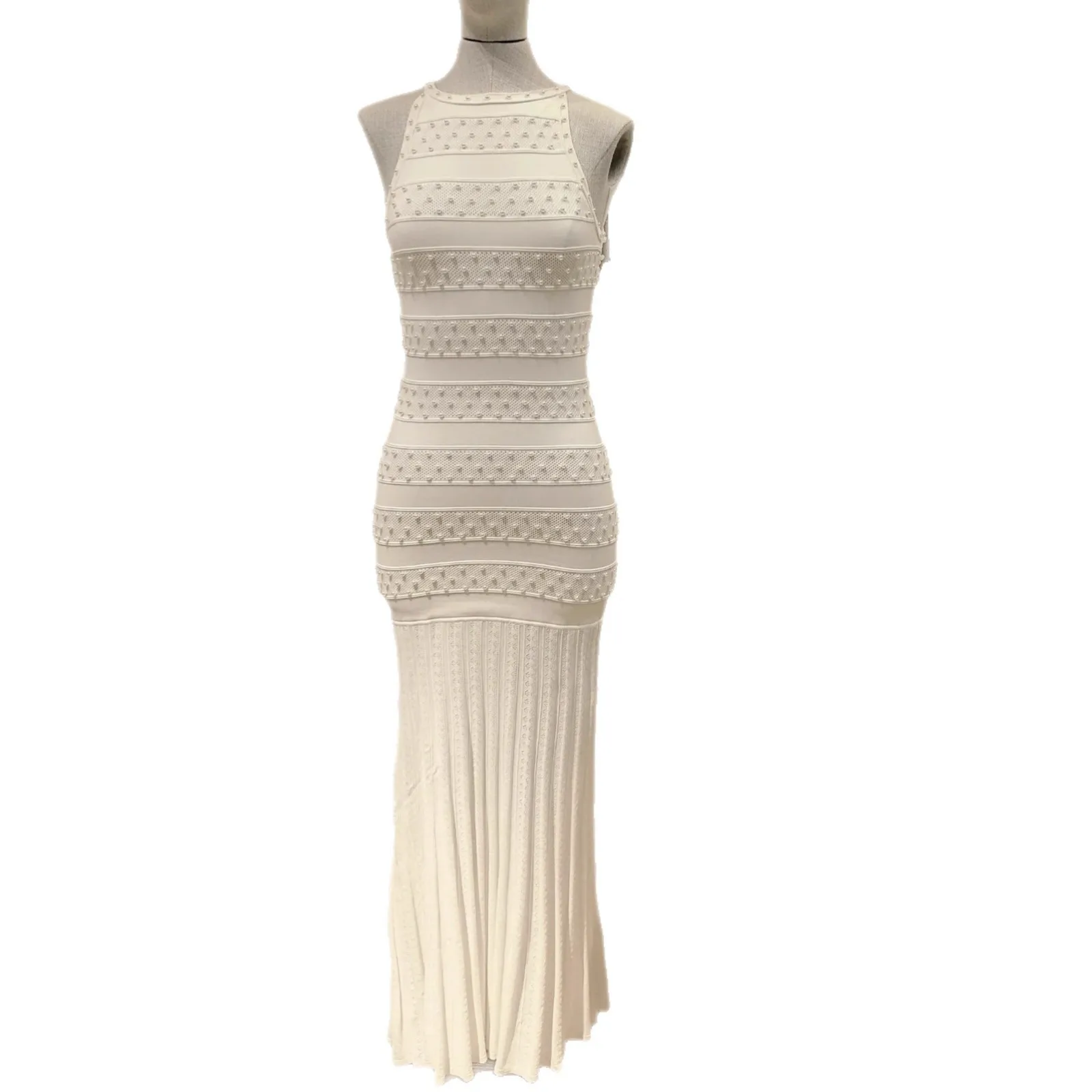 

Spring/Summer Women O-Neck Pearl Beaded Solid Slim Knit Set Short Sleeve Knitwear Cardigan + Sleeveless Elegant Maxi Dress
