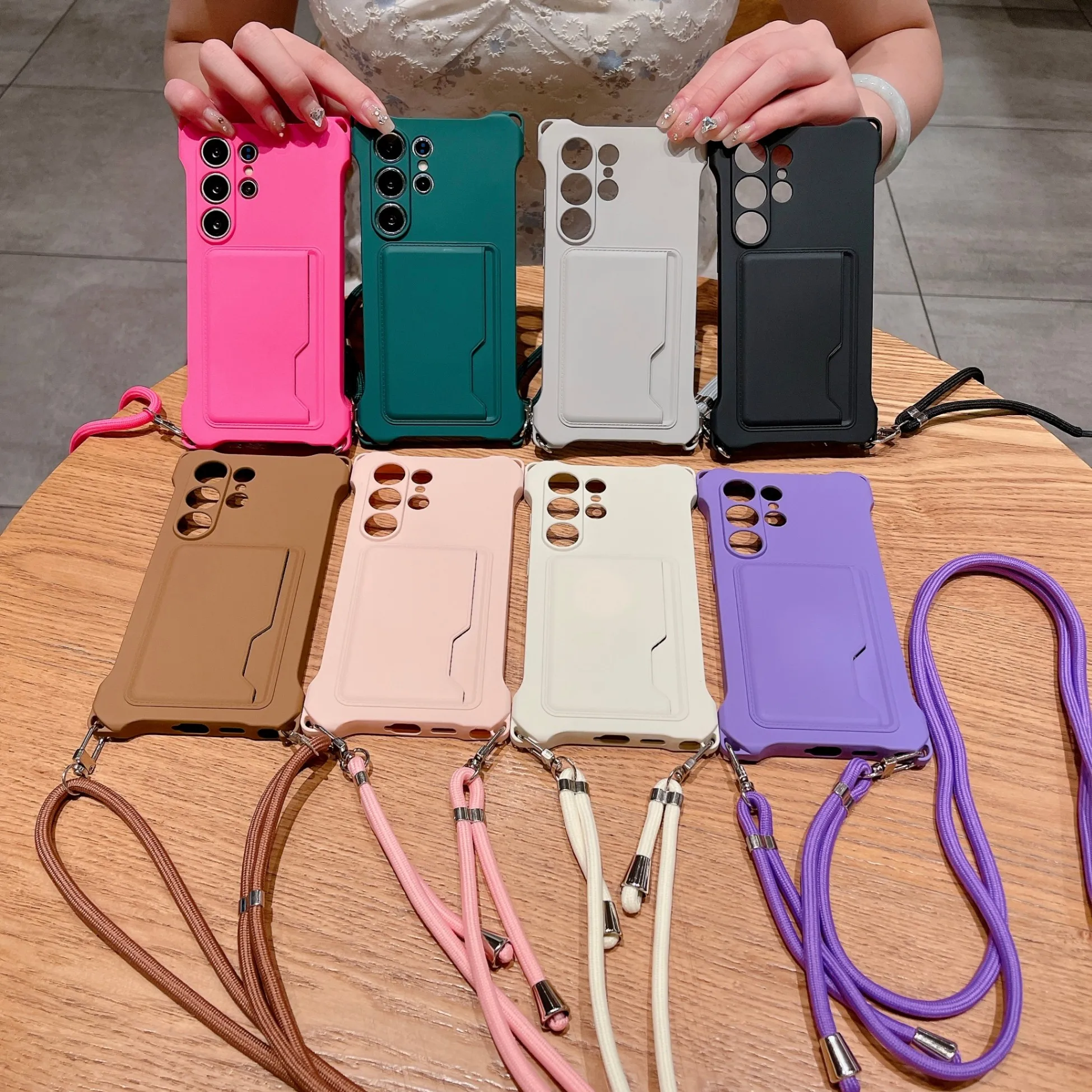 For Samsung Galaxy S25 Ultra S24 FE S22 S21 S23 Plus A56 A36 A26 Soft Case Silicone Crossbody Necklace Lanyard Card Holder Cover