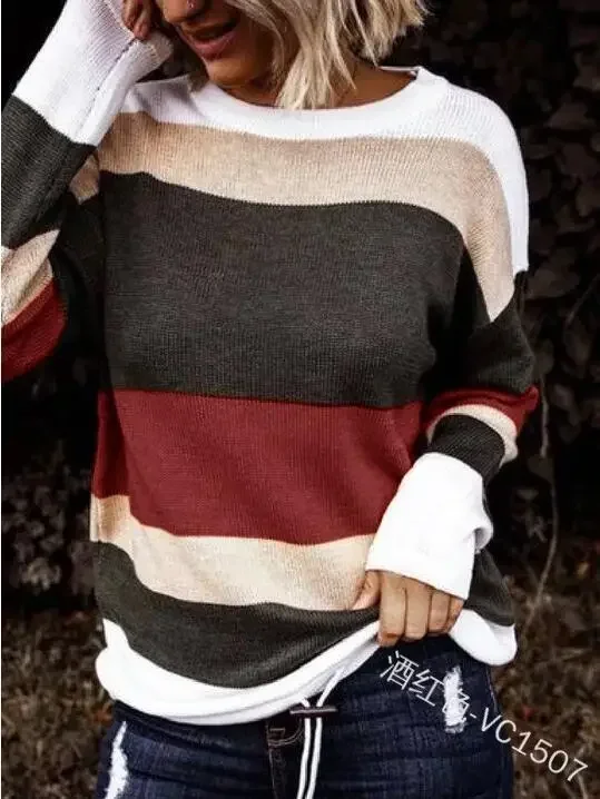 Fall Sweaters Round Neck Striped Cute Winter Pullover Sweaters for Women Trendy 2023 Drawstring