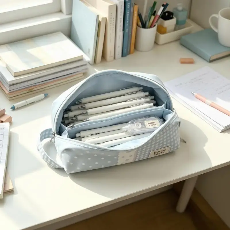 Portable Shell‑Shaped Pencil Pouch, Plaid & Polka‑Dot Large‑Capacity Stationery Storage Bag for School & Office Use