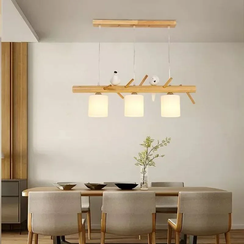 Nordic style restaurant chandelier modern simple creative personality home dining room table log three-head bird lamp