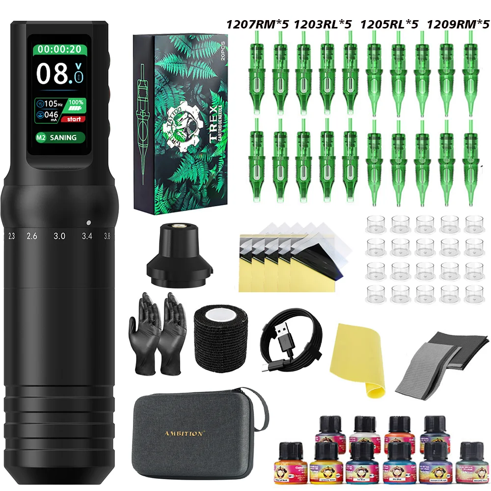 

Беспроводная тату-машинка T-Rex: набор с регулируемым ходом, настраиваемым мотором, аккумулятором 1600 мАч, ЖК-экраном и функцией макияжа для тату-сета