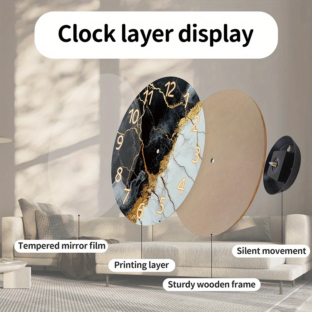 1pc Wooden Wall Clock, Fantasy Theme - Black and White Marble with Golden Lines Pattern Tempered Film Veneer Silent Clock, Suitable for Living Room, Modern Office Decoration, a Stylish Gift for Those Who Prefer Minimalist and Luxurious Styles on Im