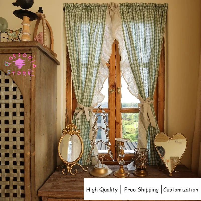 

Sample Custom Rural Retro Green Plaid Curtains for Living Room Linen Blackout Door Half Rod Hook Thermal Insulated Custom Size