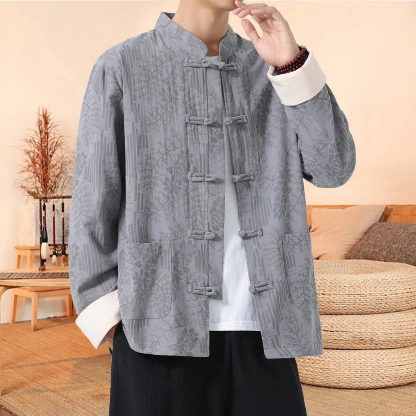 

Song Dynasty Men's Hanfu Clothing Tang Style Zhongshan Suit with Button Design Cotton Linen Breathable Long Sleeve Shirt