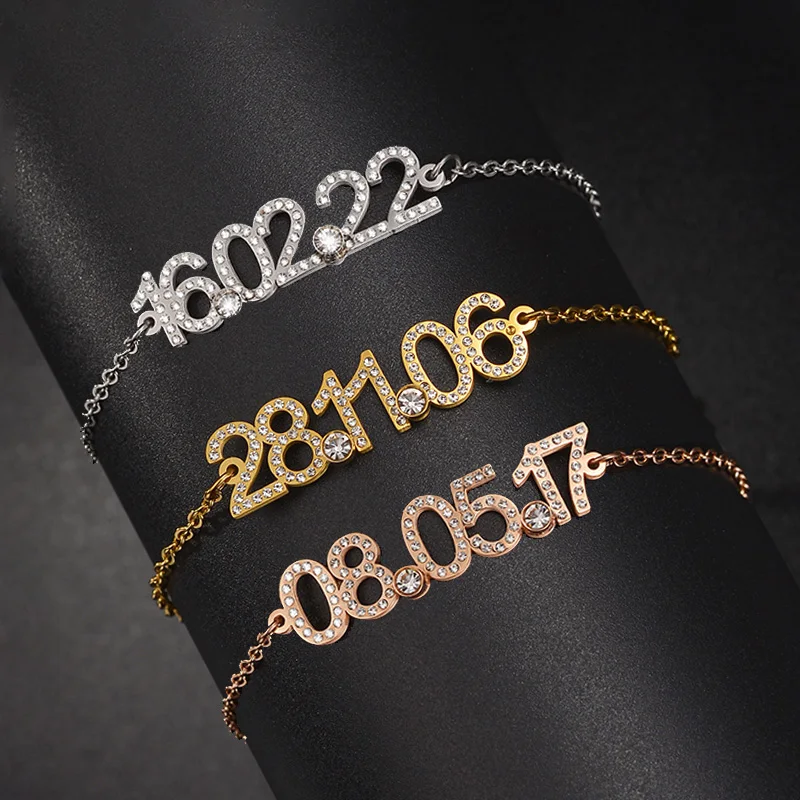 Nextvance Personalized Sparking Custom Date Bracelet For Women Men Stainless Steel Zircon Wrist Chain Jewelry Christmas Gifts