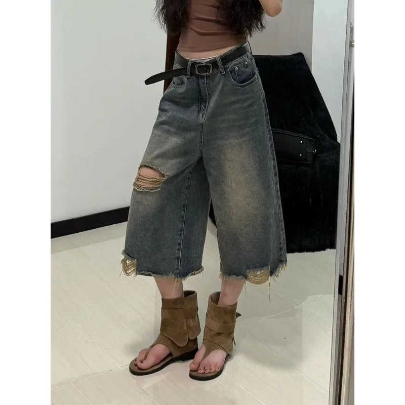 Women's American Retro Distressed Denim Culottes High Waist Wide Leg Cropped Jeans