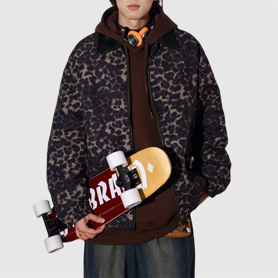 Hip Hop Leopard Jackets Men Streetwear Harajuku Casual Coats Women Oversized Zip Up Unisex 2025 Spring Blue Mens Clothing Jacket