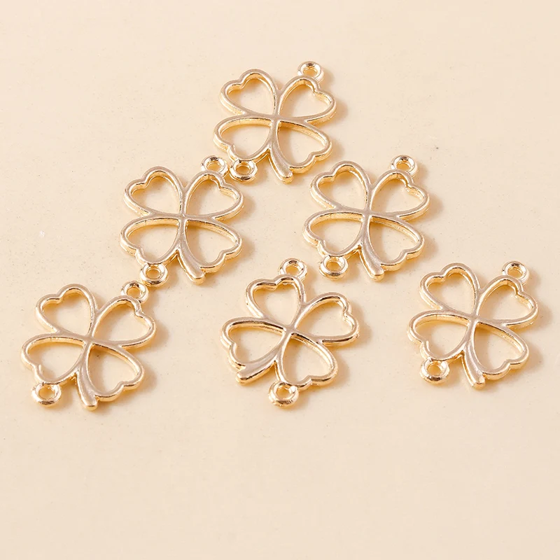 Leslie 50 Stück Blumen-Charms, glückliches irisches vierblättriges Kleeblatt, Gold, Silber, Farbe, Anhänger, antiker Schmuck, DIY, handgefertigtes Handwerk – Detail 5