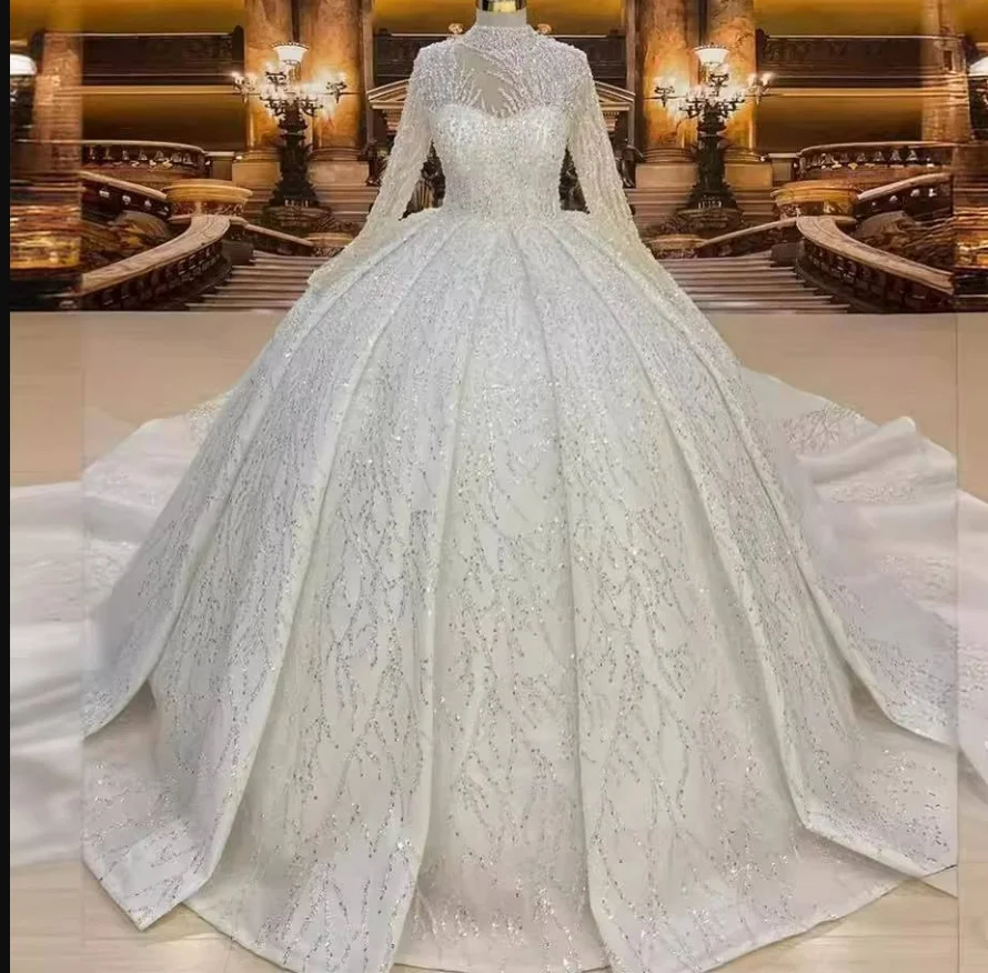 

Customized High Neck Shinny Beads Sequins Ballgown Wedding Dress Vestidos De Novia Long Sleeves Princess Luxury Bridal Gown