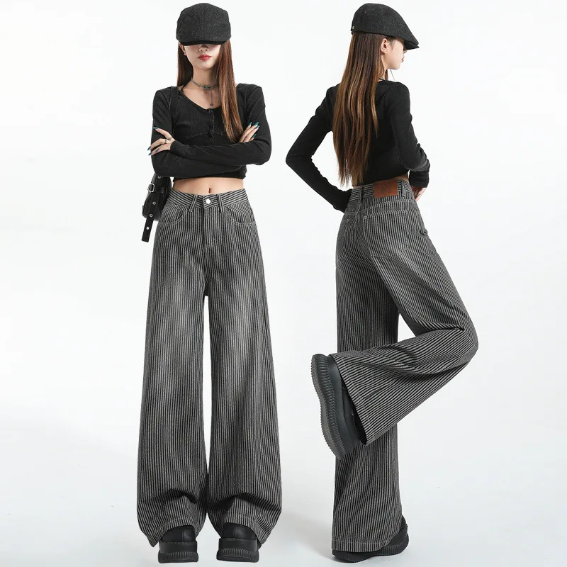 

Street-trend Striped Denim Wide-leg Pants, Women's Spring and Autumn New Loose Comfortable High-waisted and Straight-leg Jeans