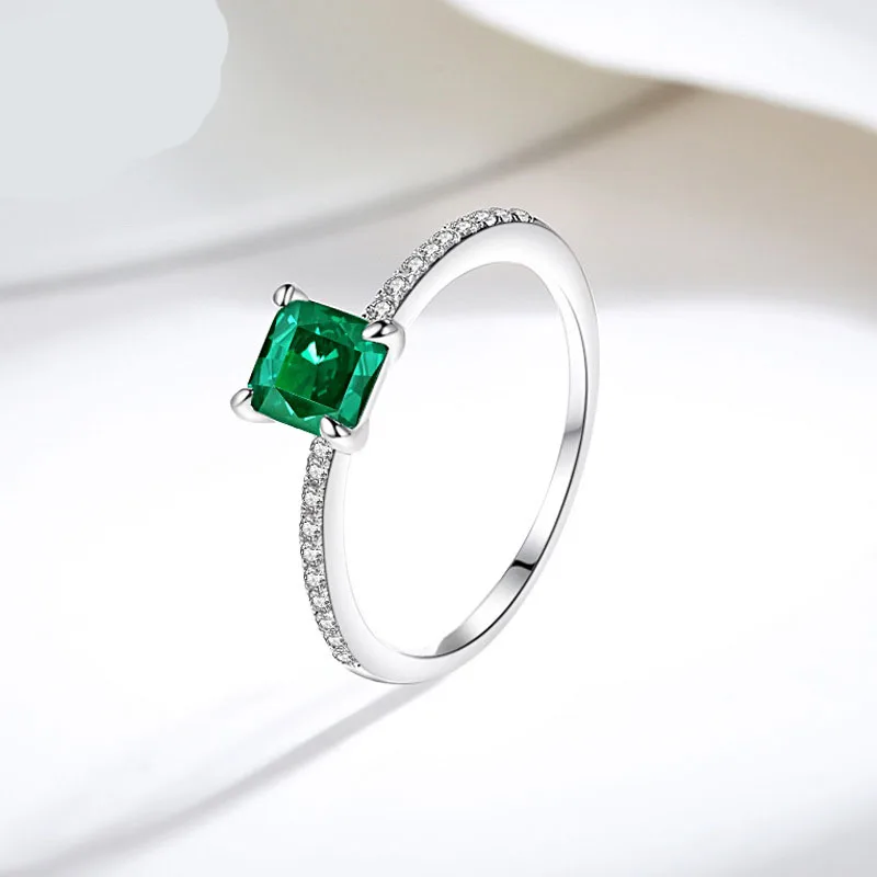 Square Simulated Green Nano Emerald 925 Sterling Silver Geometric Ring Women Princess Cut Gemstone Moissanite Statement Jewelry