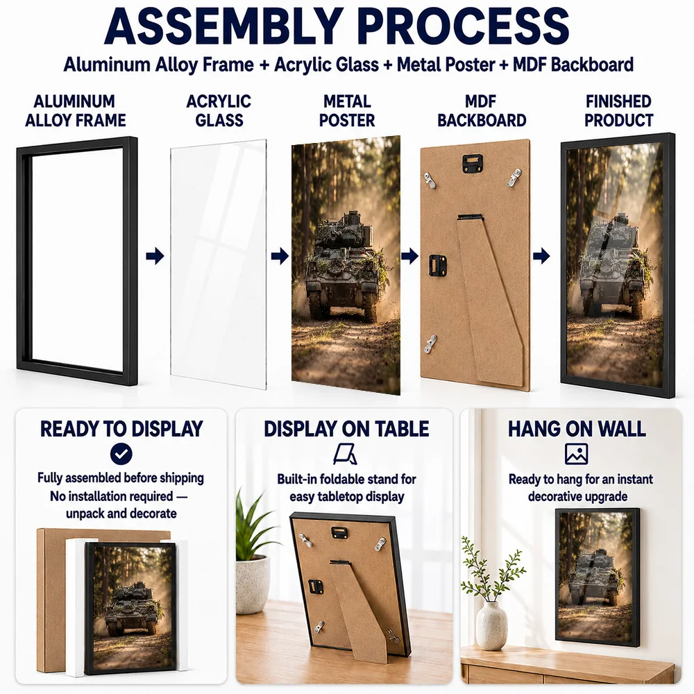 Camouflaged Tank In Forest Framed Metal Print Customized Photo Technical Armor Style Wall Art For Study Premium Collector Gift