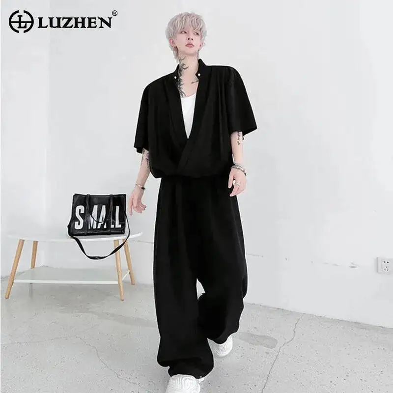 

LUZHEN 2026 Summer Solid Color Two-piece Sets Men's Fashion Handsome Short Sleeve Big V-neck Shirts Pullover Casual Pants JY6517
