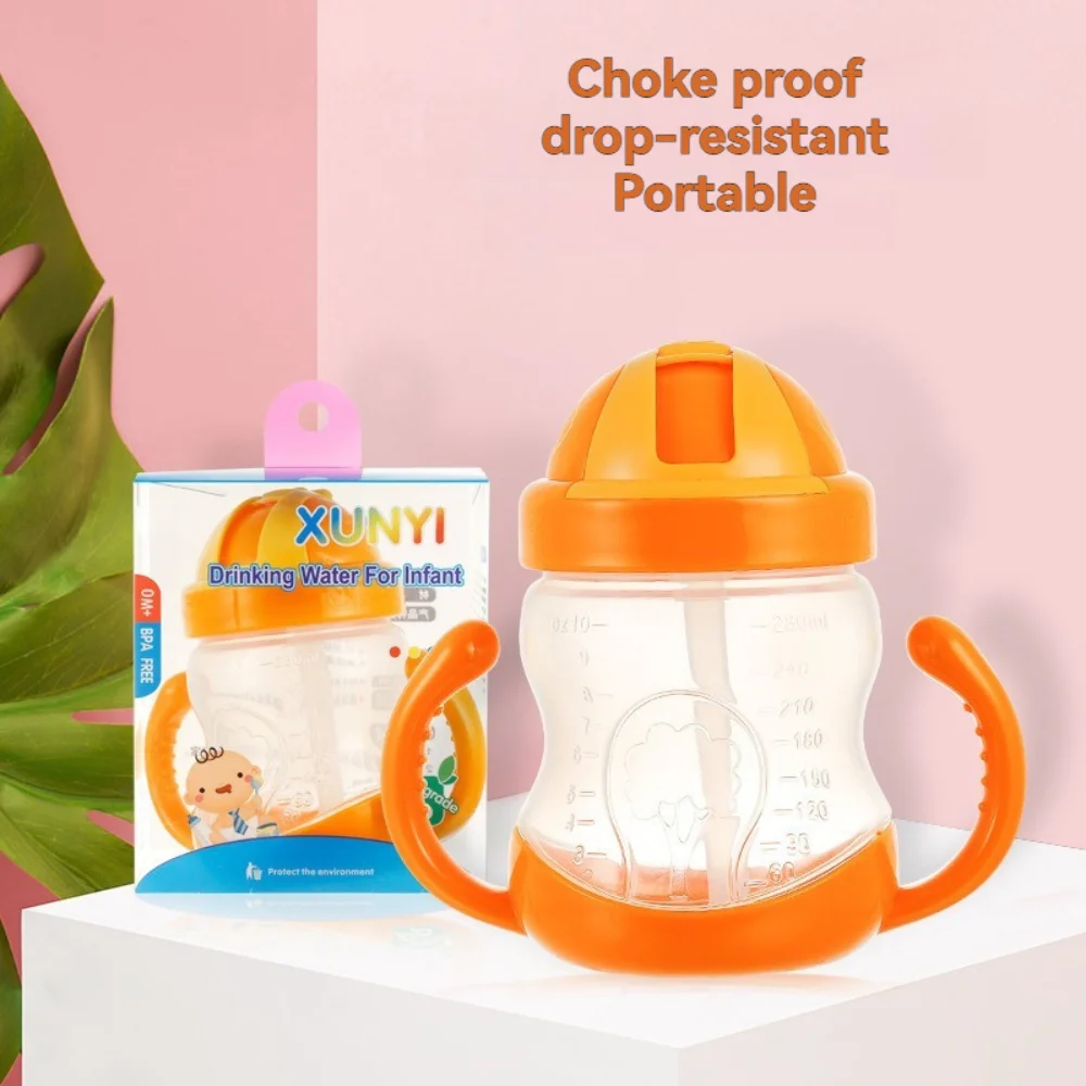 

Baby Water Bottle, Horn Handle Design 280ml, Kids Straw Cup, Gravity Ball Anti-Choke, Soft Spout, Baby Training Sippy Cup