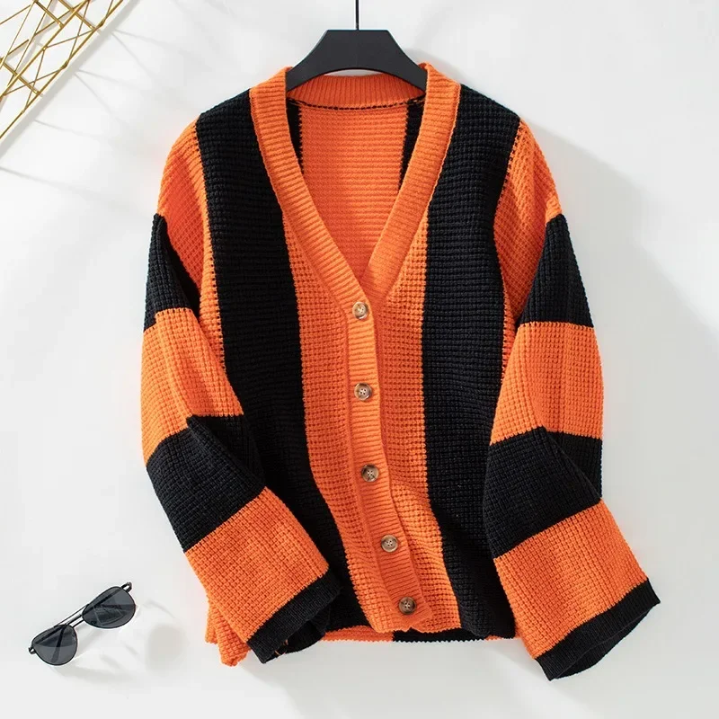 

Fashion Women's Knitted Sweater Autumn/Winter New Casual Striped Contrast Loose Flare Sleeve Sweater Knit Cardigan for Women