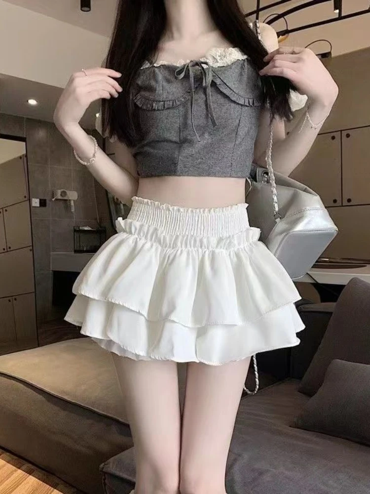 Zomer Nieuwe Effen Kleur Half Body Rok Hoge Taille Dunne Pluizige Rok Koreaanse Mode A Lijn Mini Rokken Streetwear Vrouw Kleding