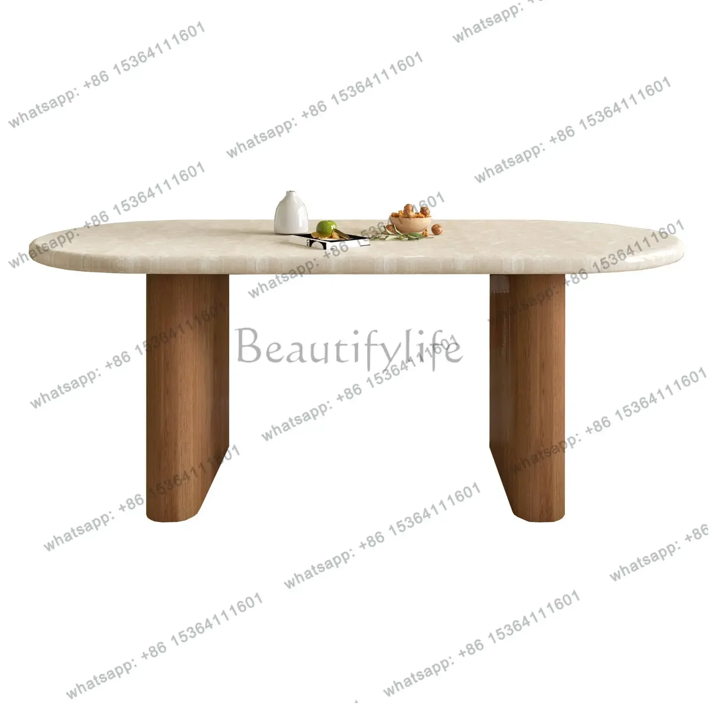 

56French medieval solid wood dining table travertine marble light luxury high-end household small apartment round