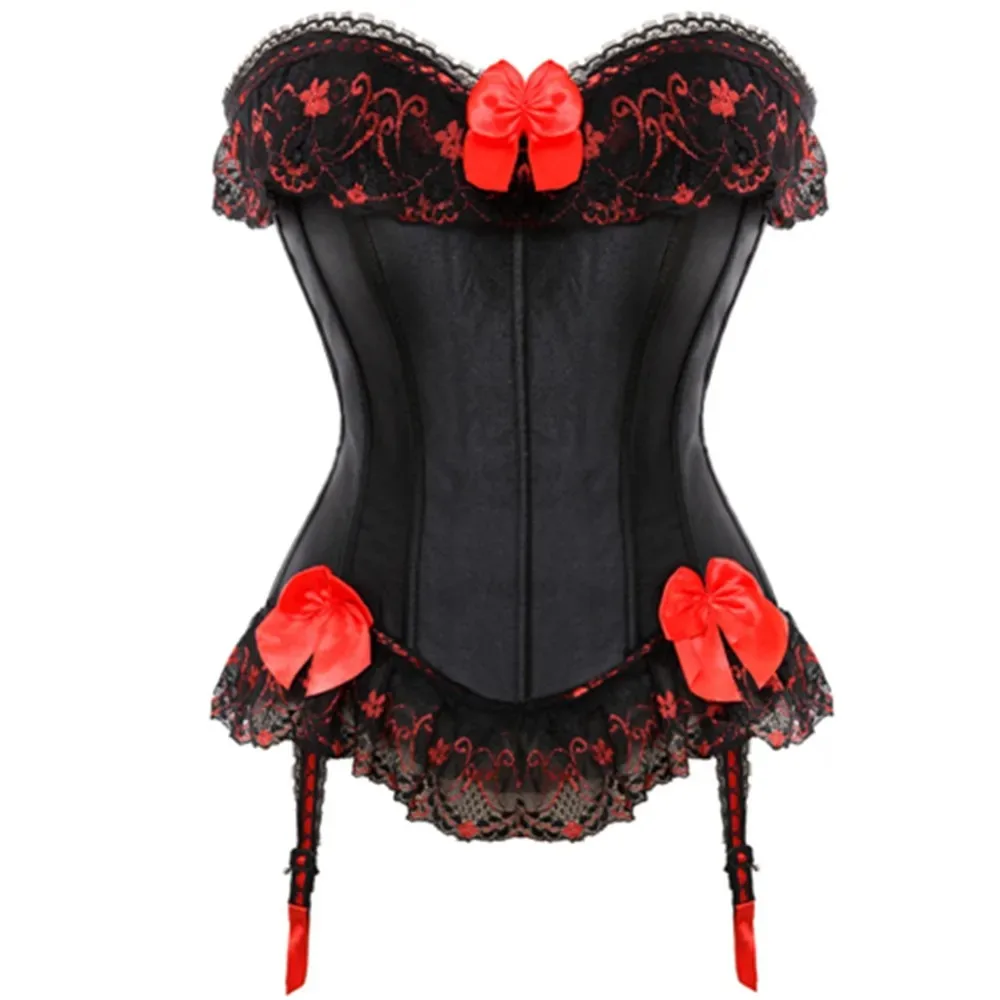 Women Slimming Body Lace Corset Top Bowknot Overbust Corsets Plus Size Black Garters Shaper Corselete Gothic Bustier