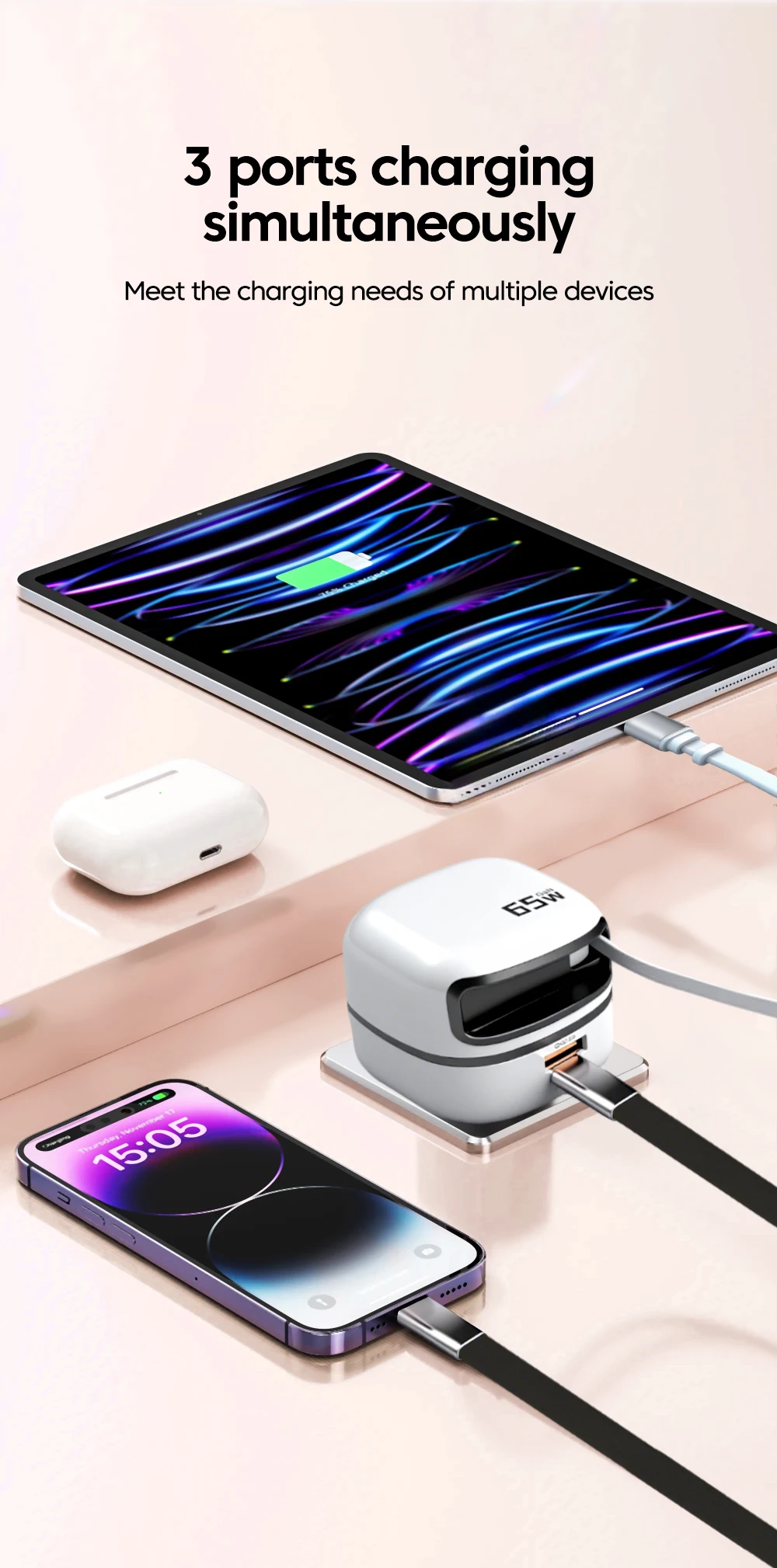 Cargador de carga rápida de 65W, adaptador de corriente para teléfono móvil con cable tipo C retráctil para iPhone 16, 1